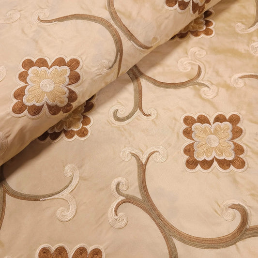 Dupionseide beige mit bestickten Blumen CSM-STOFFE