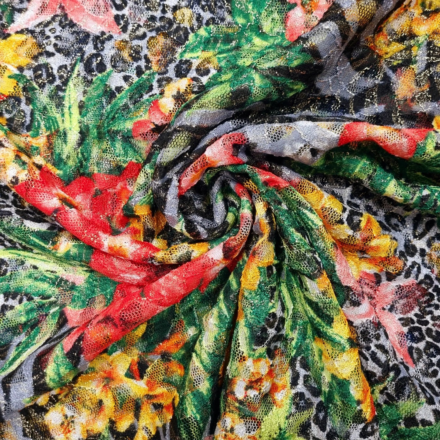Exotische Spitze mit Blumen und Tierfellmotiv - Goldschimmer CSM-STOFFE