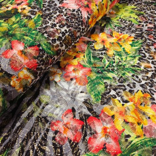 Exotische Spitze mit Blumen und Tierfellmotiv - Goldschimmer CSM-STOFFE