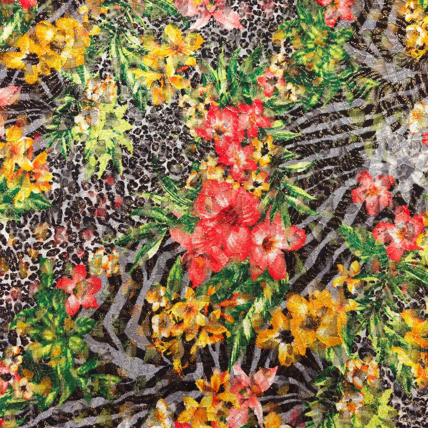 Exotische Spitze mit Blumen und Tierfellmotiv - Goldschimmer CSM-STOFFE
