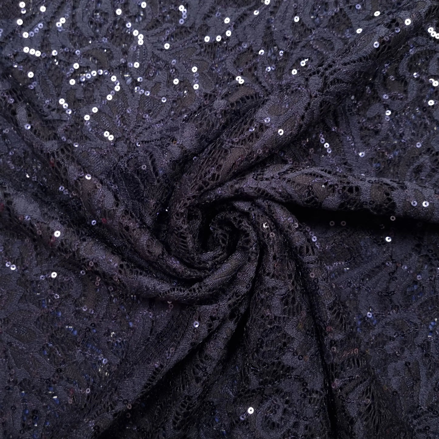 Spitze dunkelblau mit Blumen und Pailletten CSM-STOFFE