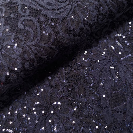 Spitze dunkelblau mit Blumen und Pailletten CSM-STOFFE