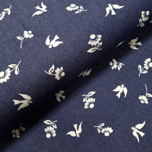 Stretch Jeansstoff mit Blumen und Vögeln CSM-STOFFE