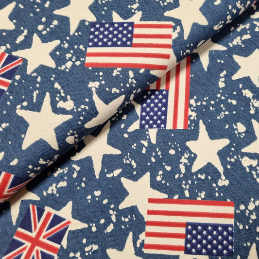 Stretch Jeansstoff mit USA, UK Flaggen und Sternen CSM-STOFFE