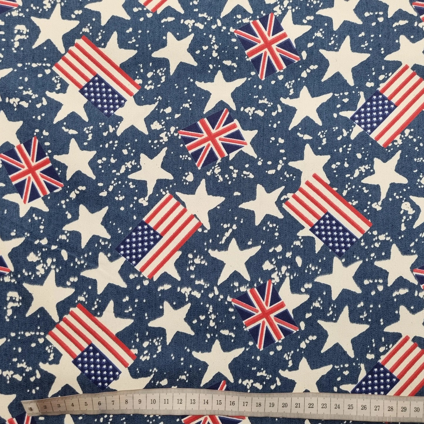 Stretch Jeansstoff mit USA, UK Flaggen und Sternen CSM-STOFFE