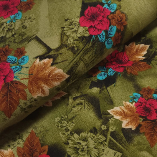 Viskosestoff mit Blumen Motiv grün rot CSM-STOFFE