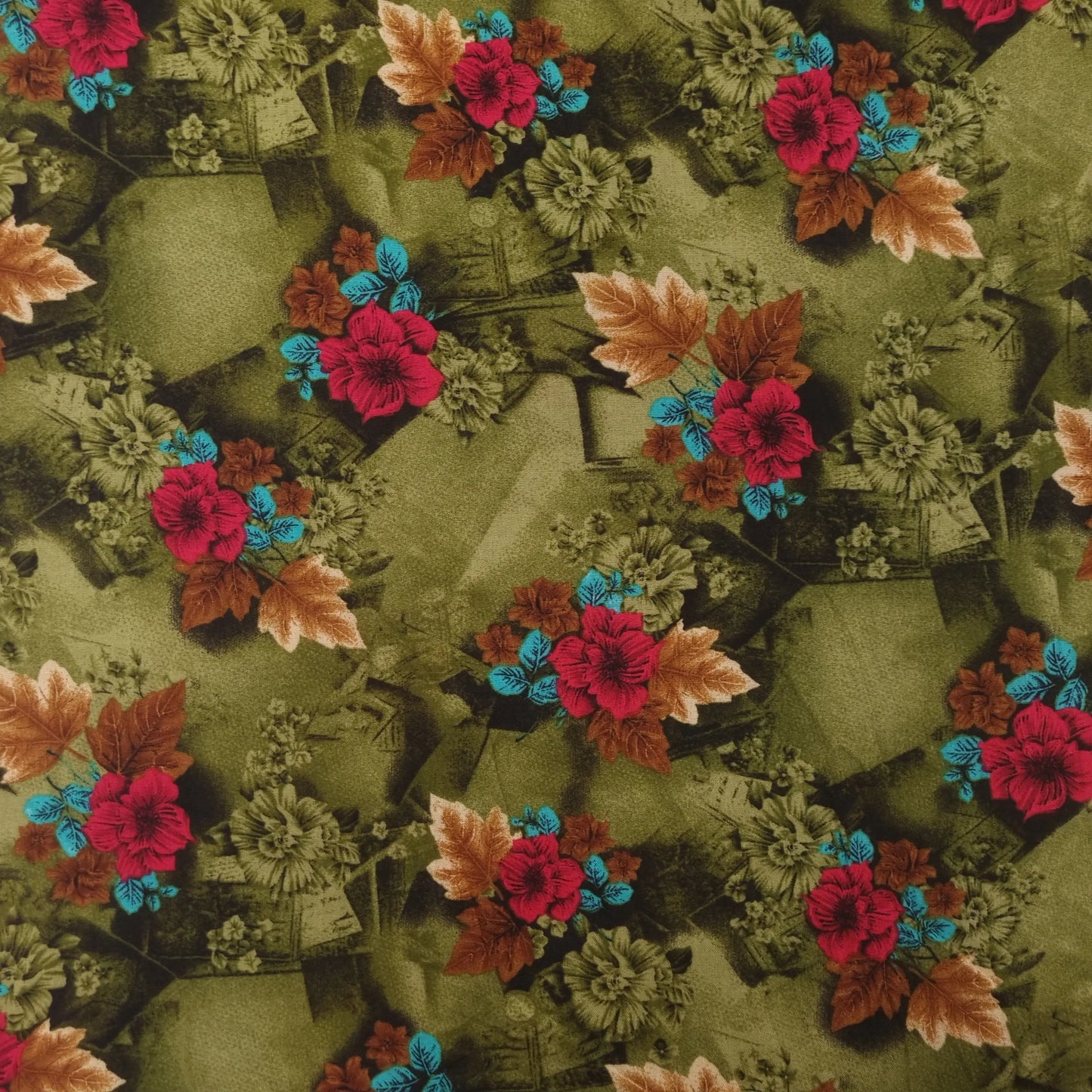 Viskosestoff mit Blumen Motiv grün rot CSM-STOFFE