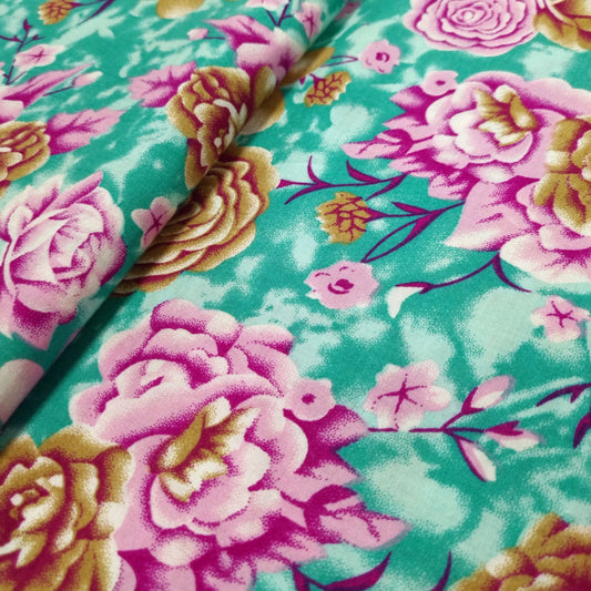 Viskosestoff mit Blumenmuster türkis CSM-STOFFE