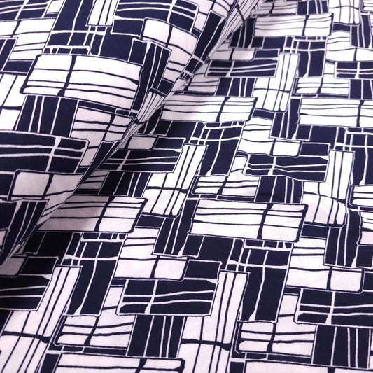 Viskosestoff mit geometrische Muster dunkelblau weiß CSM-STOFFE