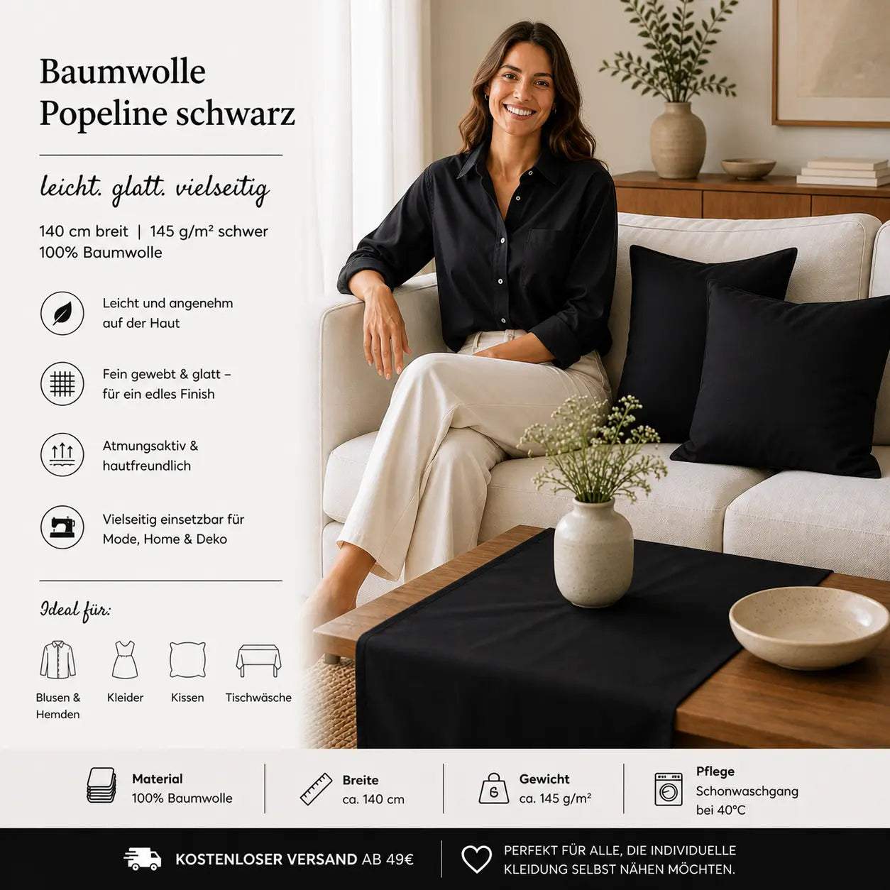 Baumwolle Popeline schwarz CSM-STOFFE