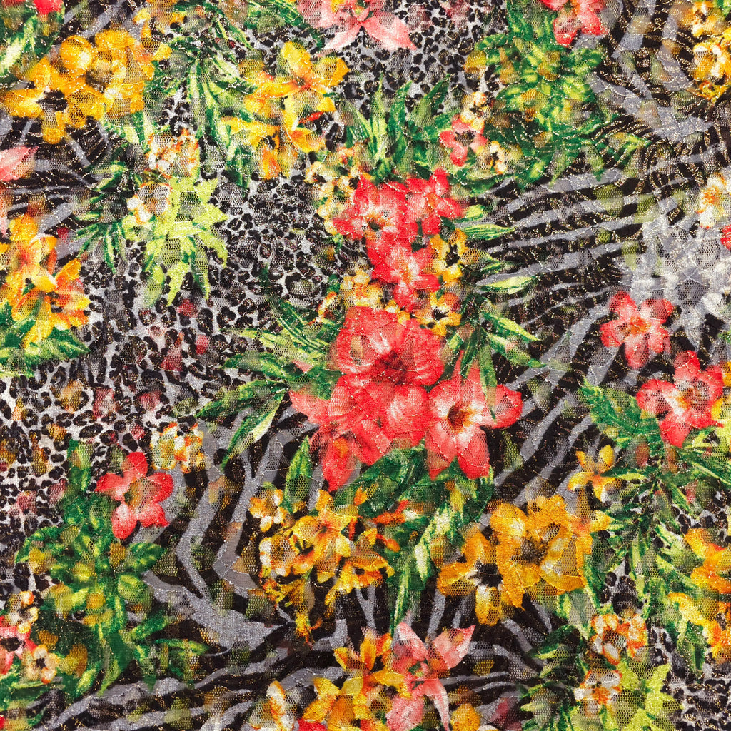 Exotische Spitze mit Blumen und Tierfellmotiv - Goldschimmer CSM-STOFFE
