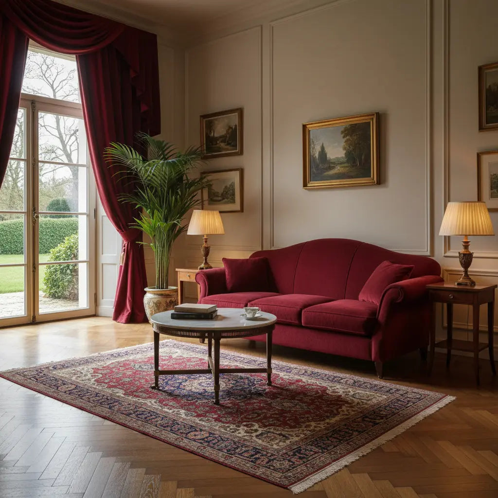 Sofa und Vorhang in Dunkelrot