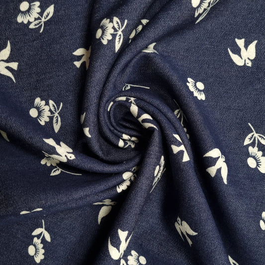 Stretch Jeansstoff mit Blumen und Vögeln CSM-STOFFE