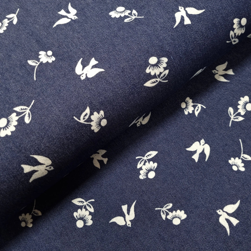 Stretch Jeansstoff mit Blumen und Vögeln CSM-STOFFE