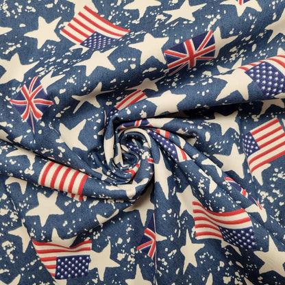 Stretch Jeansstoff mit USA, UK Flaggen und Sternen CSM-STOFFE