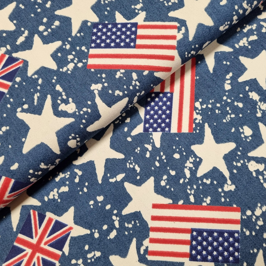Stretch Jeansstoff mit USA, UK Flaggen und Sternen CSM-STOFFE