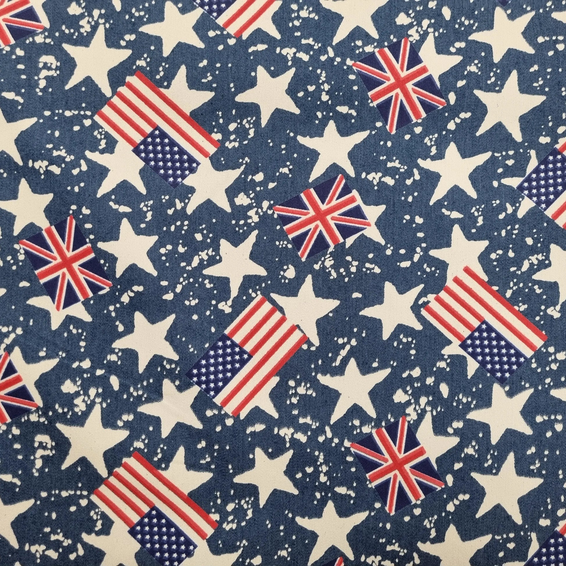 Stretch Jeansstoff mit USA, UK Flaggen und Sternen CSM-STOFFE