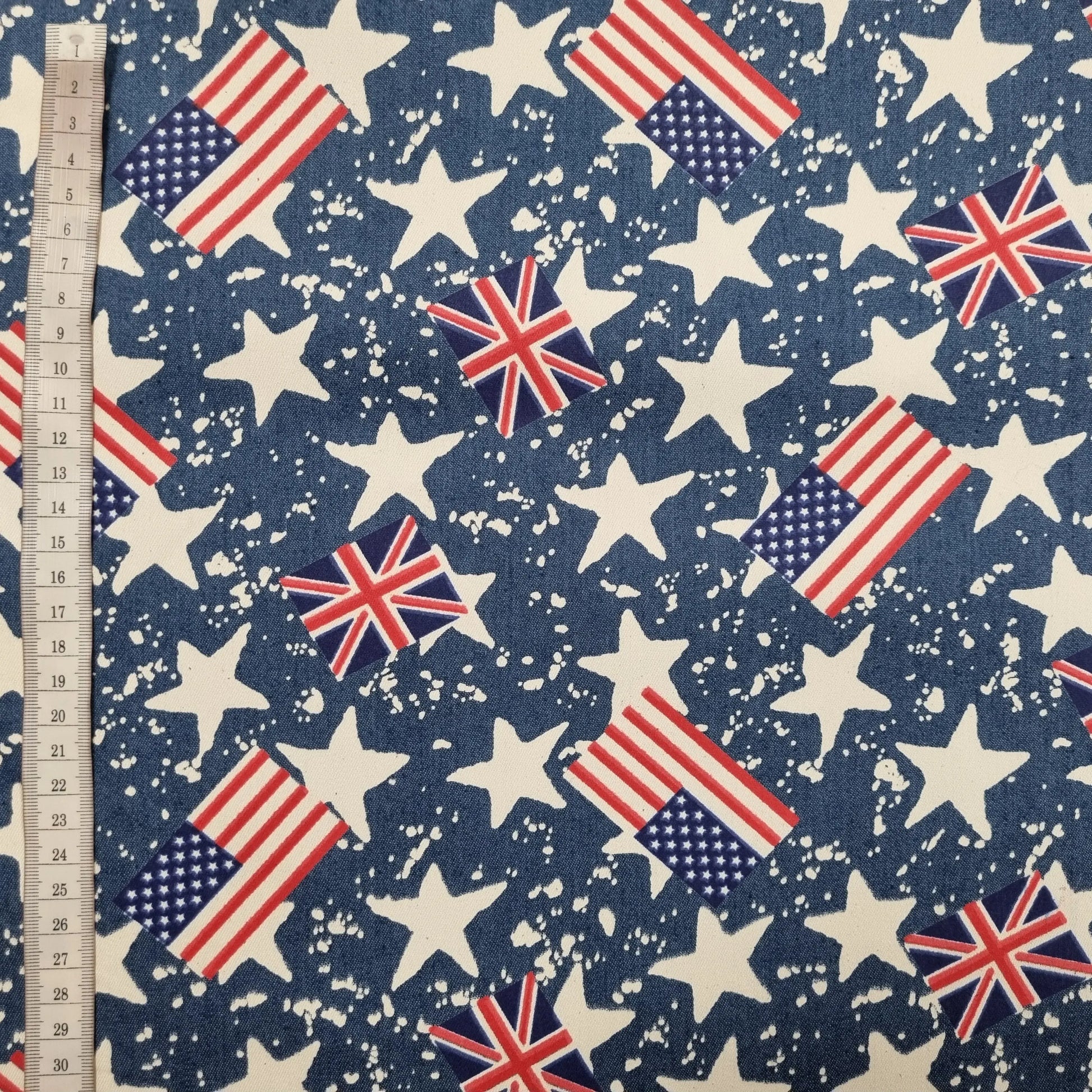 Stretch Jeansstoff mit USA, UK Flaggen und Sternen CSM-STOFFE