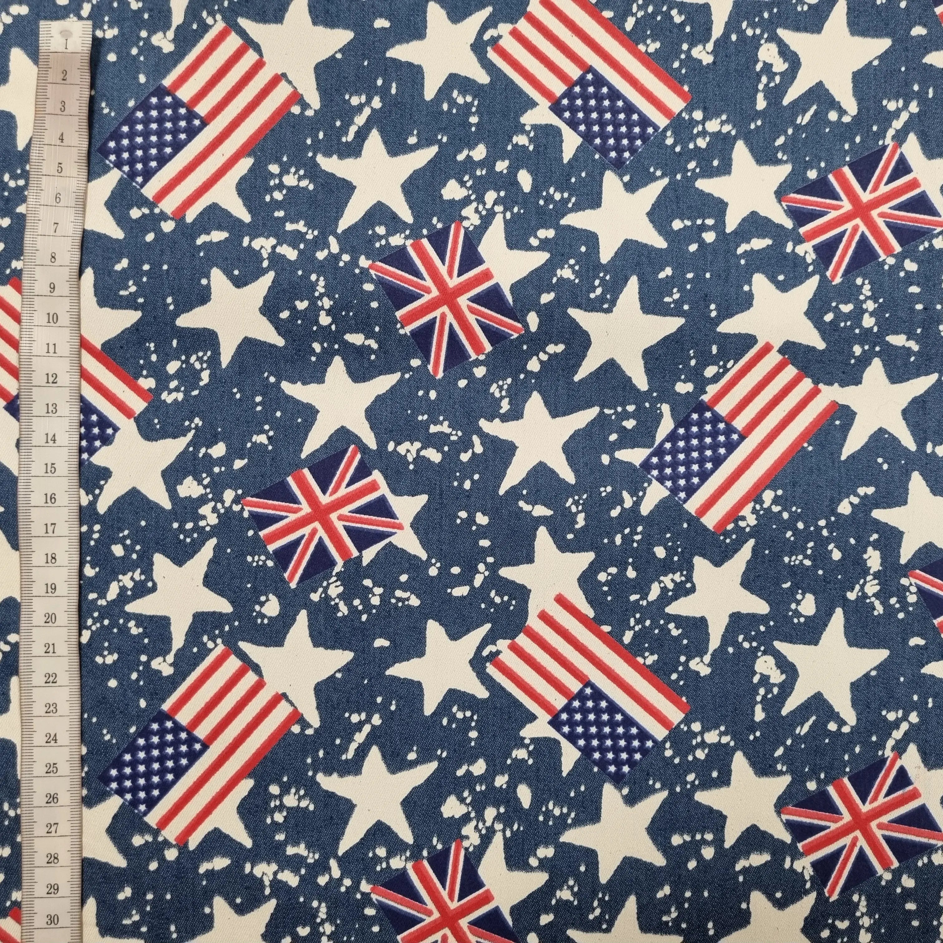 Stretch Jeansstoff mit USA, UK Flaggen und Sternen CSM-STOFFE