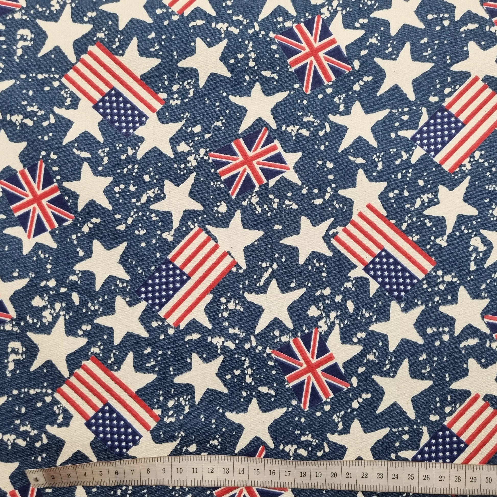 Stretch Jeansstoff mit USA, UK Flaggen und Sternen CSM-STOFFE