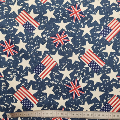 Stretch Jeansstoff mit USA, UK Flaggen und Sternen CSM-STOFFE
