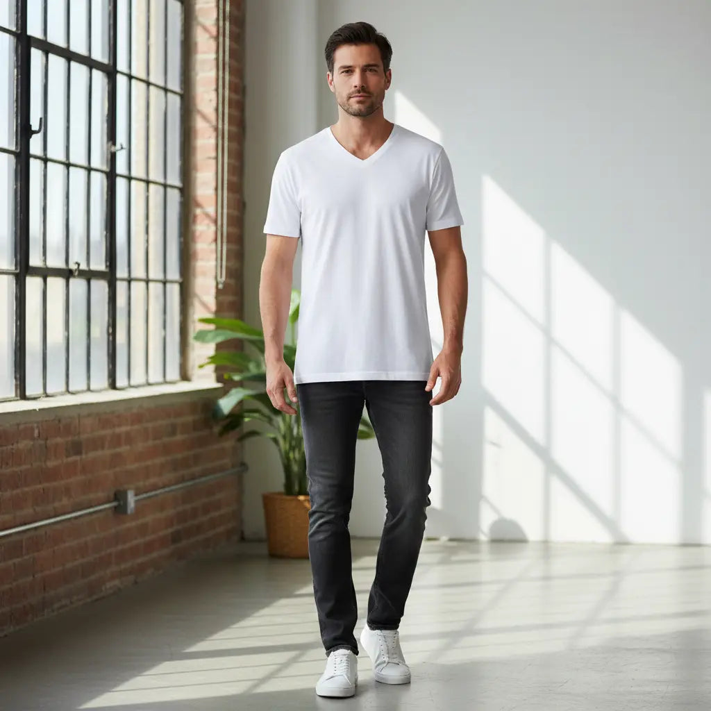 Herren T-Shirt mit V-Ausschnitt in Weiß