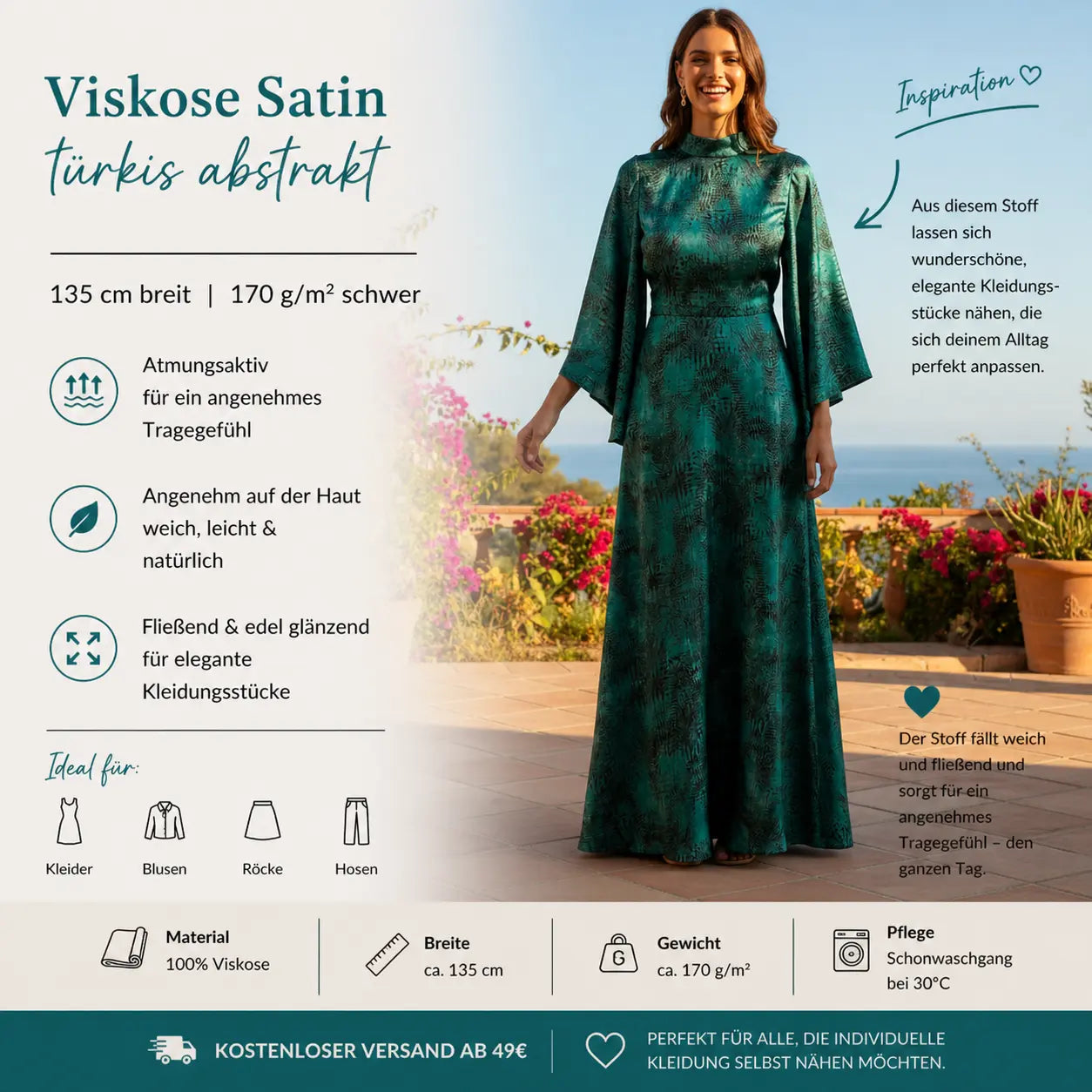 Viskose Satin türkis abstrakt CSM-STOFFE