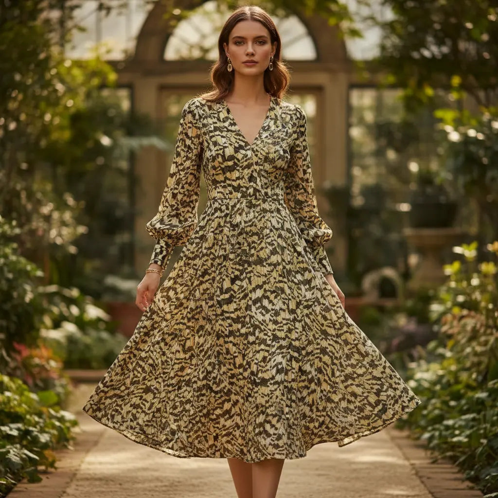 Kleid aus Viskosesatin mit Feder-Muster