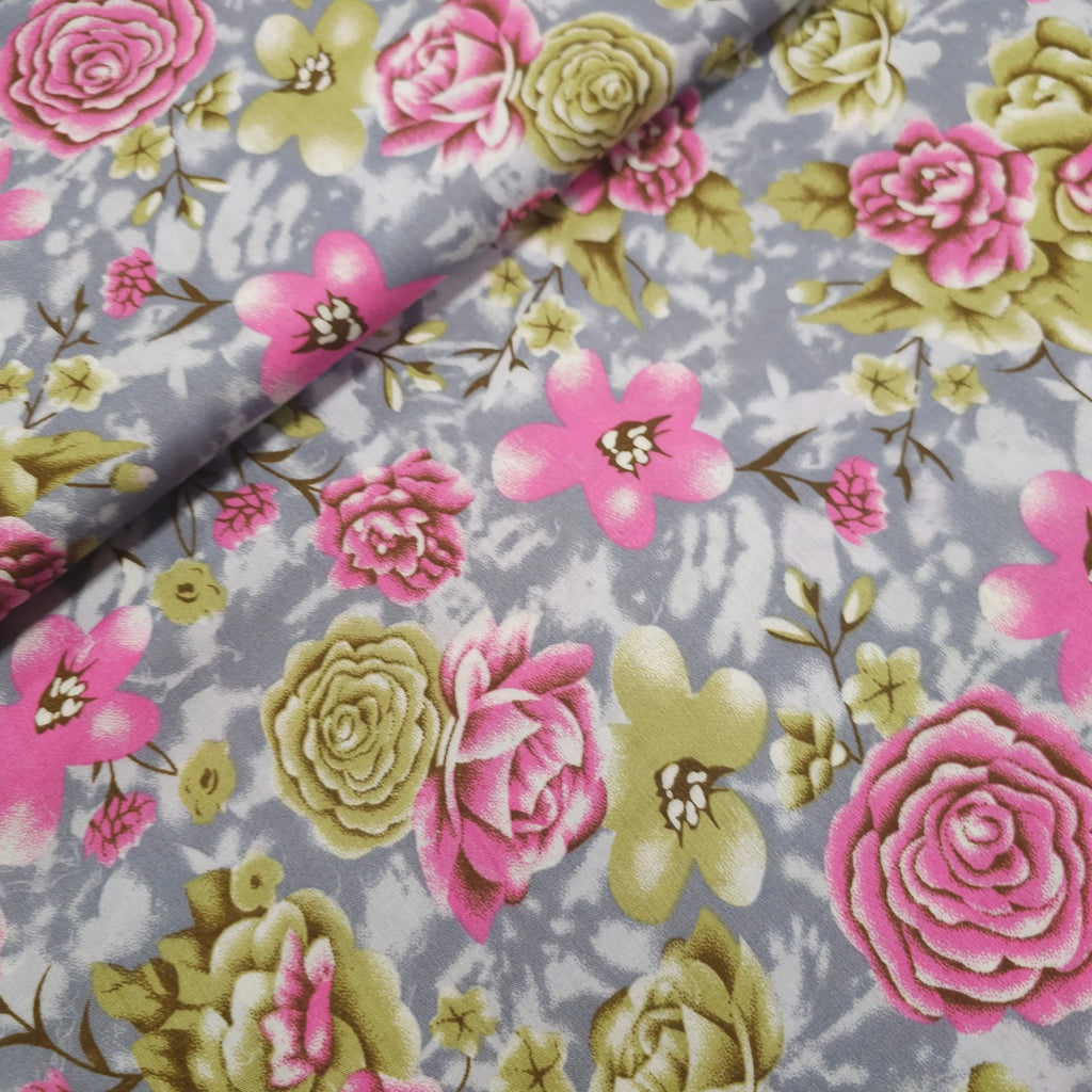 Viskosestoff bedruckt mit Blumenmuster grau CSM-STOFFE