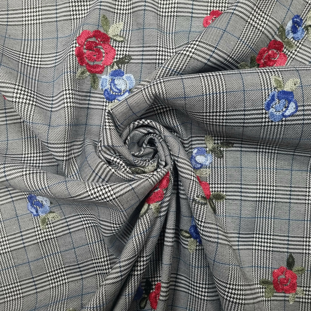 Viskosestoff grau mit Glencheck- und Blumenmotiv blau CSM-STOFFE