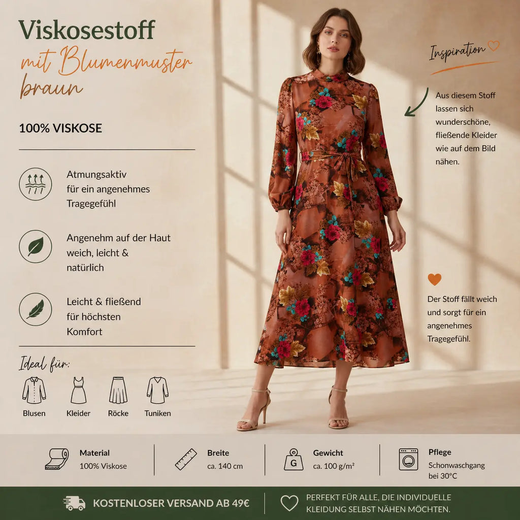 Viskosestoff mit Blumen Motiv braun CSM-STOFFE
