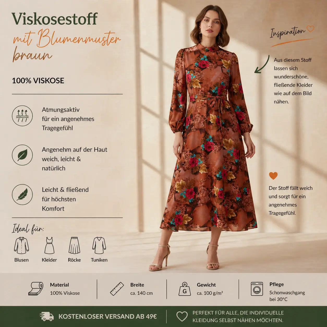 Viskosestoff mit Blumen Motiv braun CSM-STOFFE