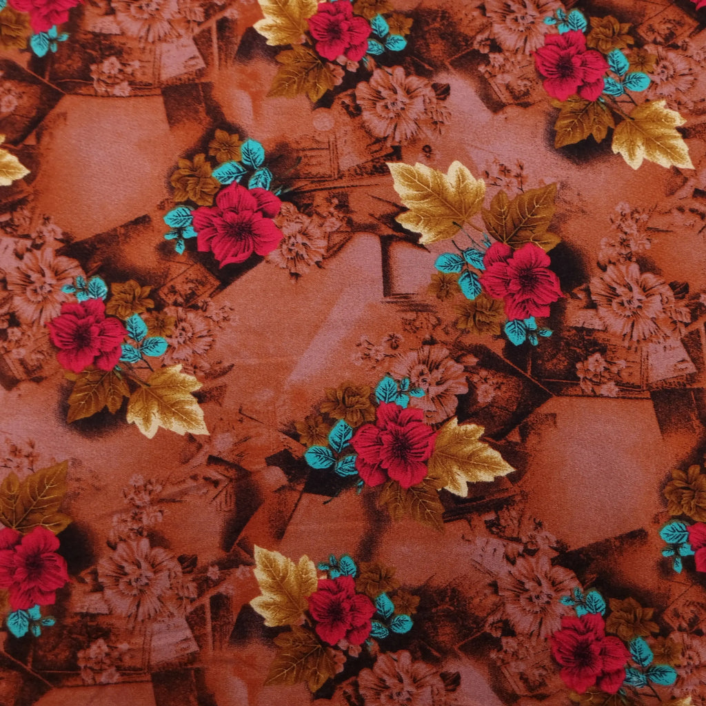 Viskosestoff mit Blumen Motiv braun CSM-STOFFE