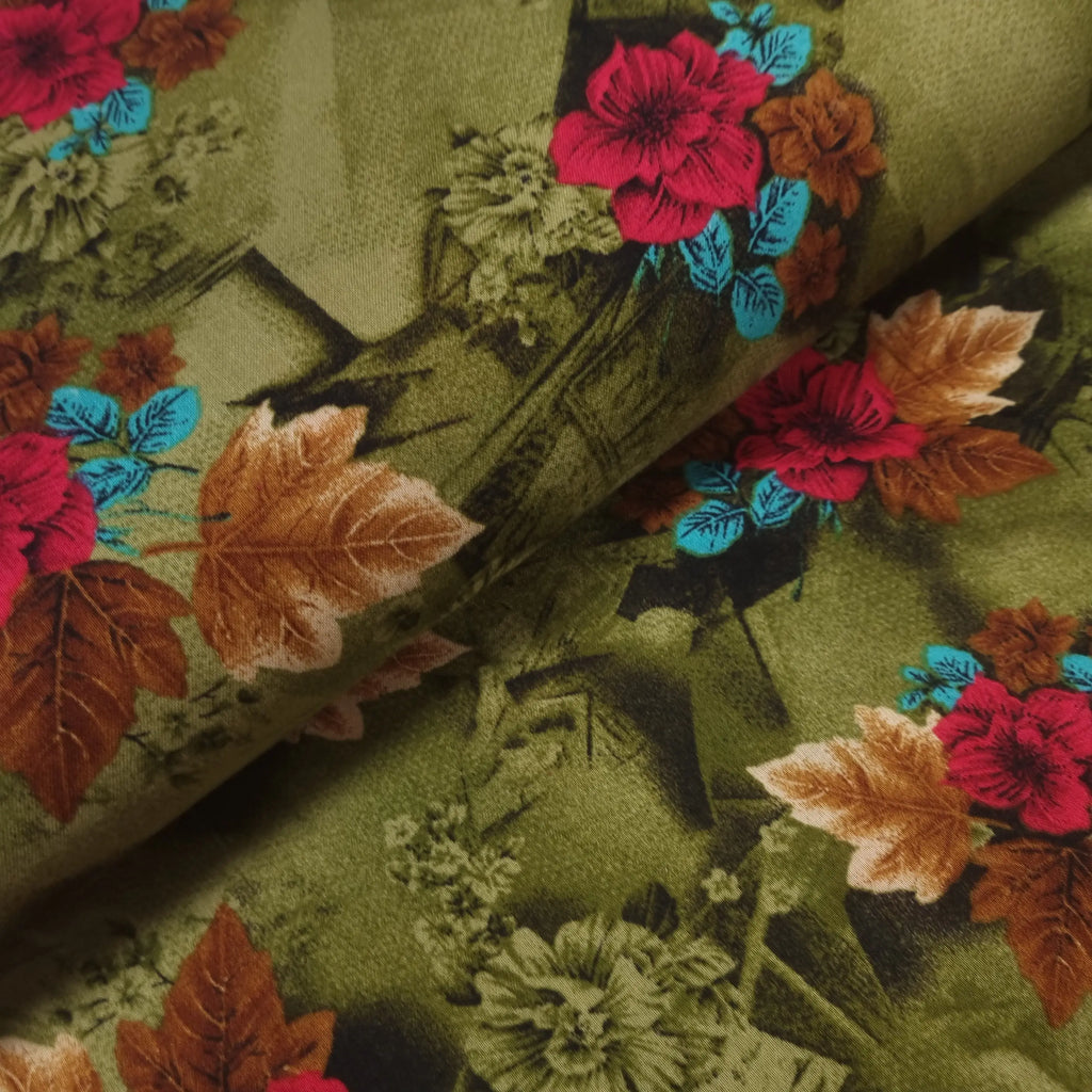 Viskosestoff mit Blumen Motiv grün rot CSM-STOFFE