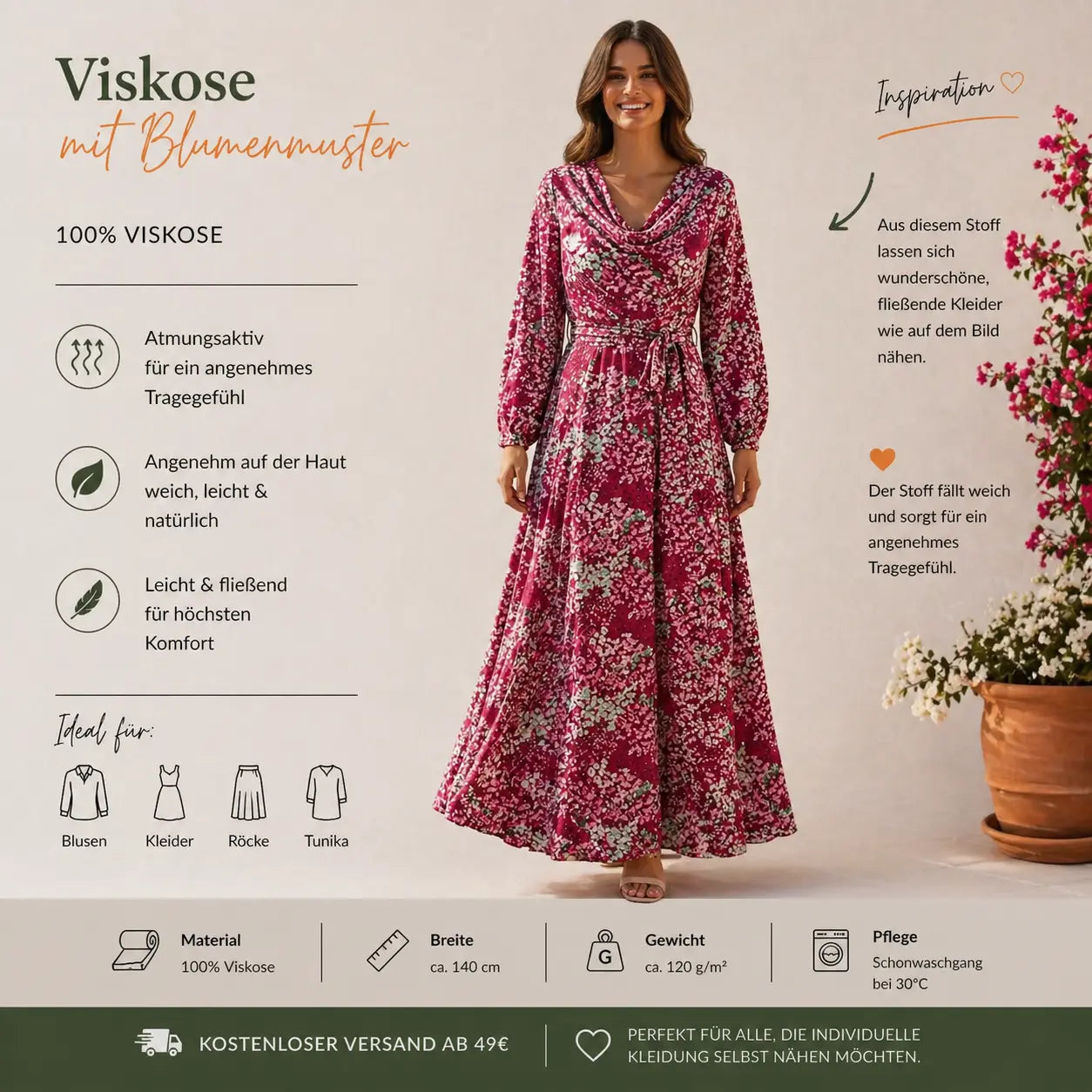 Viskosestoff mit Blumen pink CSM-STOFFE