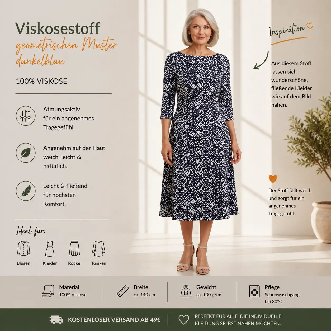 Viskosestoff mit geometrische Muster dunkelblau CSM-STOFFE