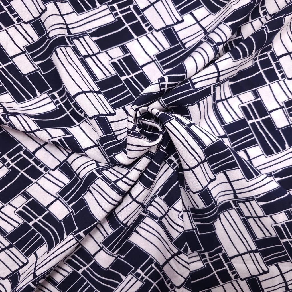 Viskosestoff mit geometrische Muster dunkelblau weiß CSM-STOFFE