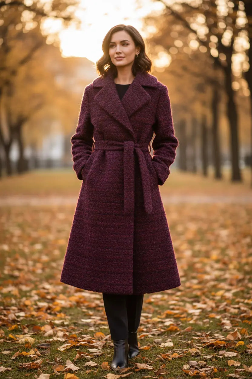 Eleganter Mantel aus Wollbouclé in Beere