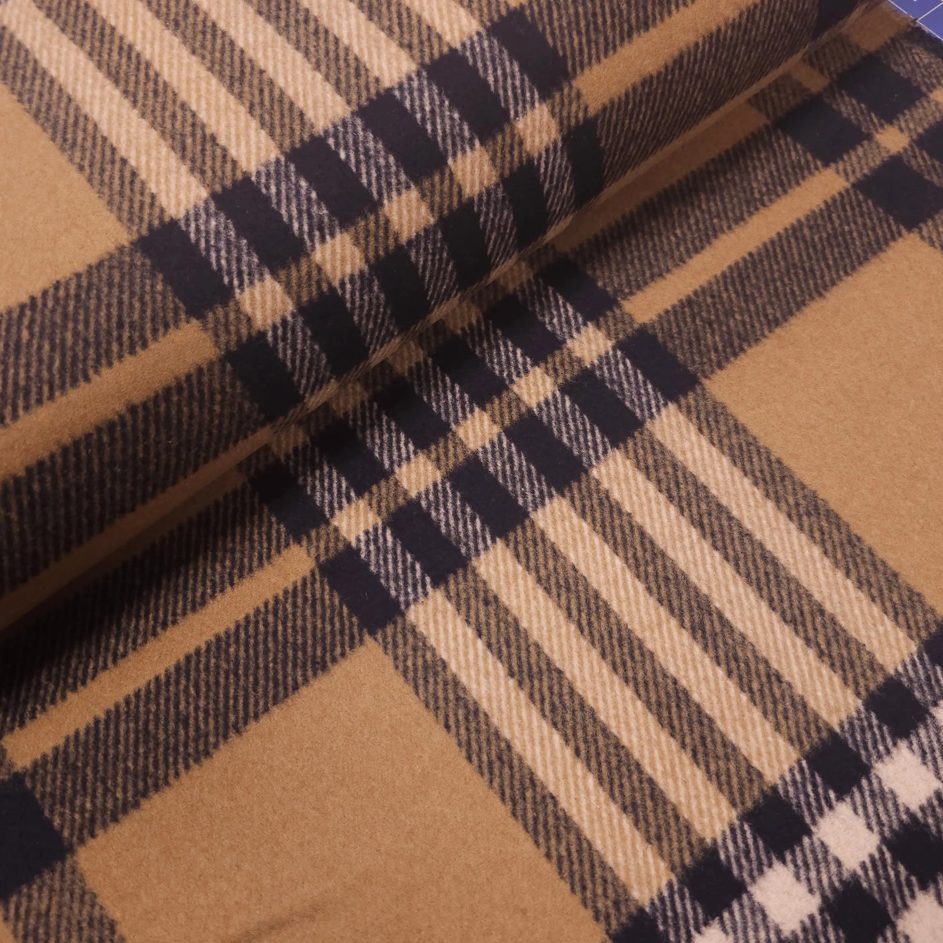 Wollstoff beige/dunkelblau kariert CSM-STOFFE